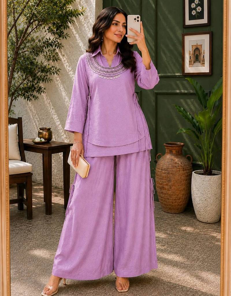 Lavender Rakshabandhan Spacial gold crush kurti palazzo set with embellished koti