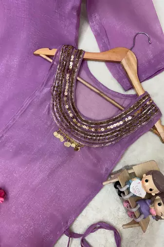 Lavender Rakshabandhan Spacial gold crush kurti palazzo set with embellished koti