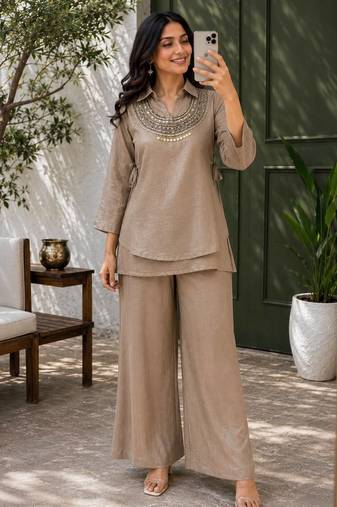 Brown Rakshabandhan Spacial gold crush kurti palazzo set with embellished koti