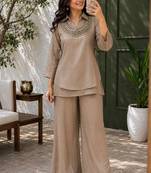 Brown Rakshabandhan Spacial gold crush kurti palazzo set with embellished koti