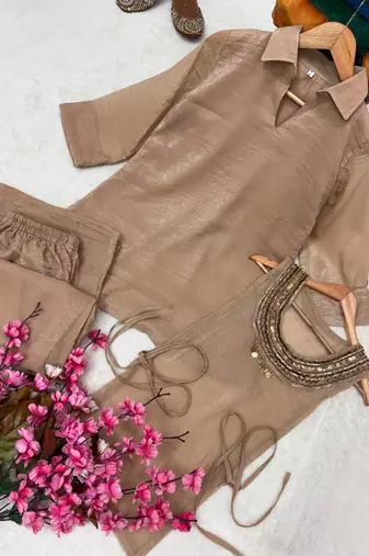 Brown Rakshabandhan Spacial gold crush kurti palazzo set with embellished koti