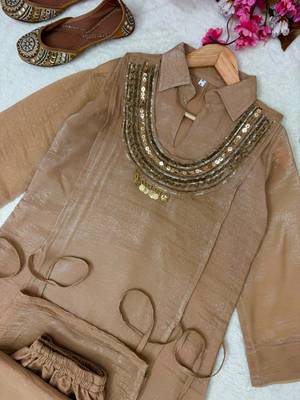 Brown Rakshabandhan Spacial gold crush kurti palazzo set with embellished koti 3