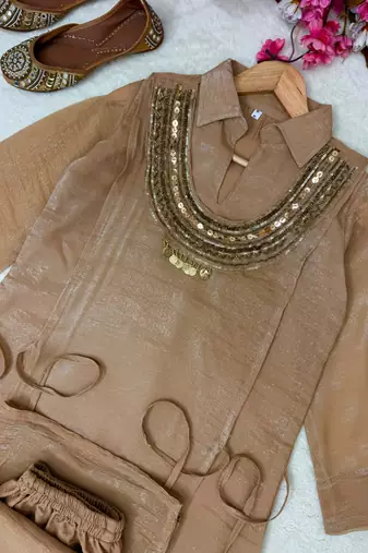 Brown Rakshabandhan Spacial gold crush kurti palazzo set with embellished koti