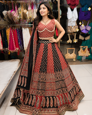 Red Ajrakh Navratri Chaniya Choli Set with Mirror & Kodi Work 1