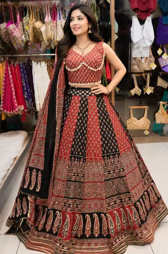 Red Ajrakh Navratri Chaniya Choli Set with Mirror & Kodi Work