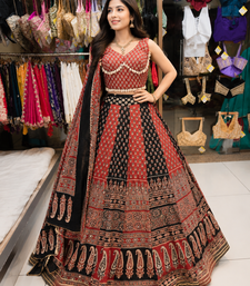 Red Ajrakh Navratri Chaniya Choli Set with Mirror & Kodi Work