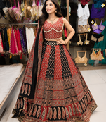 Red Ajrakh Navratri Chaniya Choli Set with Mirror & Kodi Work