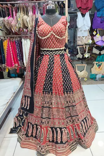Red Ajrakh Navratri Chaniya Choli Set with Mirror & Kodi Work