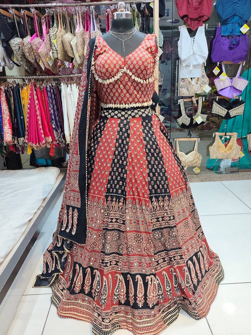 Red Ajrakh Navratri Chaniya Choli Set with Mirror & Kodi Work