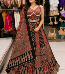 Red Ajrakh Navratri Chaniya Choli Set with Mirror & Kodi Work