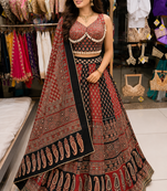 Red Ajrakh Navratri Chaniya Choli Set with Mirror & Kodi Work