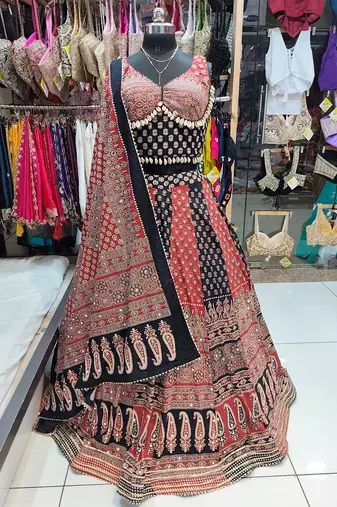 Red Ajrakh Navratri Chaniya Choli Set with Mirror & Kodi Work