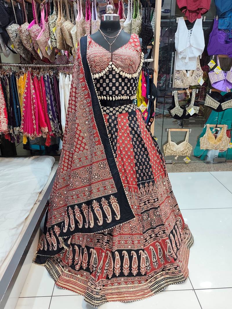 Red Ajrakh Navratri Chaniya Choli Set with Mirror & Kodi Work