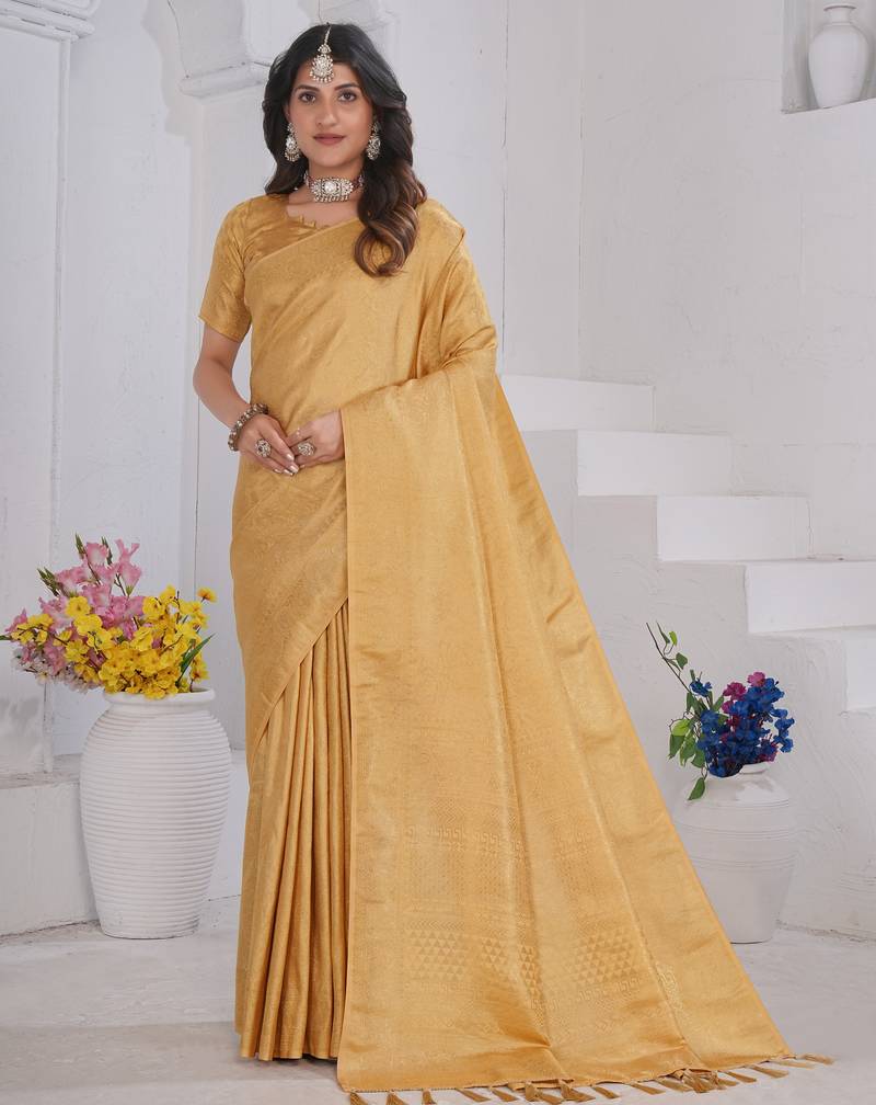 Gold Pure Kanjeevaram Silk Blend Rose Floral Woven Zari Design Saree With Stitched Blouse  