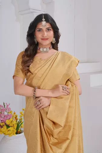 Gold Pure Kanjeevaram Silk Blend Rose Floral Woven Zari Design Saree With Stitched Blouse  