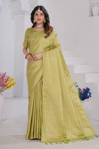 Pista Green Pure Kanjeevaram Silk Blend Rose Floral Woven Zari Design Saree With Stitched Blouse