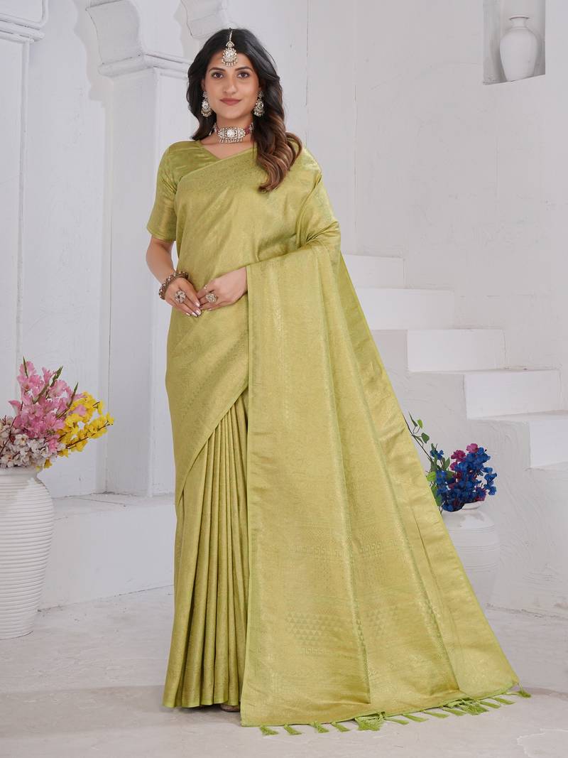 Pista Green Pure Kanjeevaram Silk Blend Rose Floral Woven Zari Design Saree With Stitched Blouse