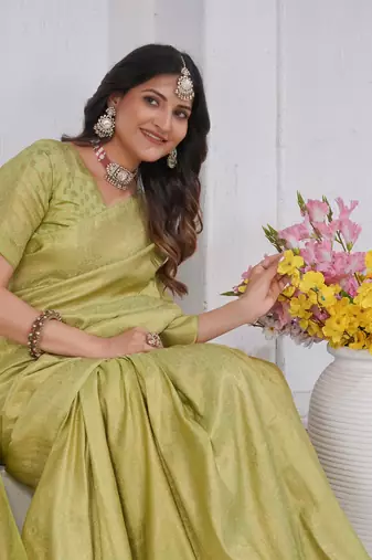 Pista Green Pure Kanjeevaram Silk Blend Rose Floral Woven Zari Design Saree With Stitched Blouse