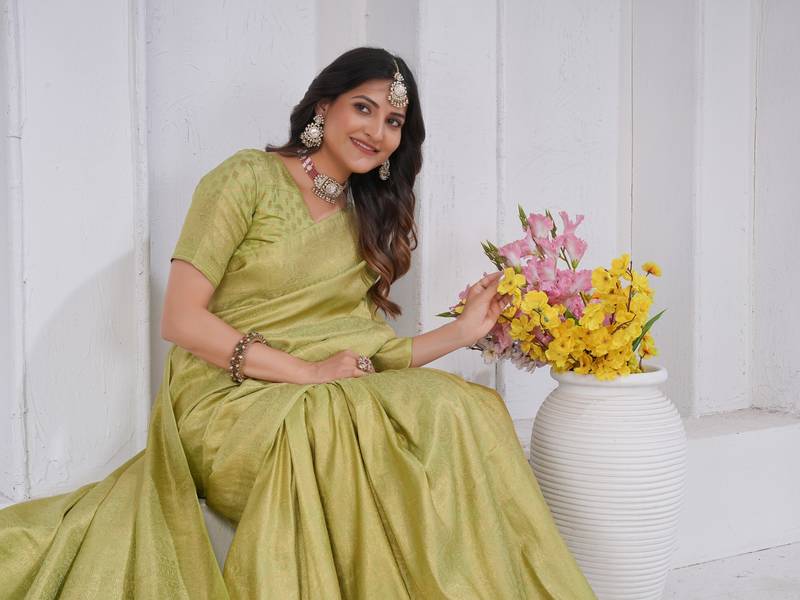 Pista Green Pure Kanjeevaram Silk Blend Rose Floral Woven Zari Design Saree With Stitched Blouse