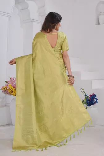 Pista Green Pure Kanjeevaram Silk Blend Rose Floral Woven Zari Design Saree With Stitched Blouse