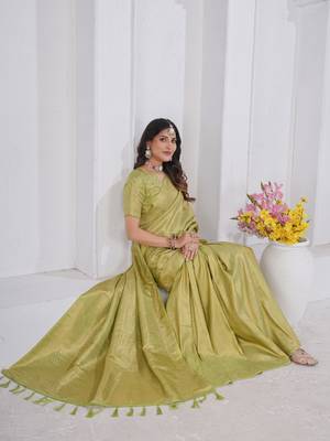 Pista Green Pure Kanjeevaram Silk Blend Rose Floral Woven Zari Design Saree With Stitched Blouse 4