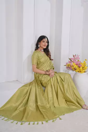 Pista Green Pure Kanjeevaram Silk Blend Rose Floral Woven Zari Design Saree With Stitched Blouse