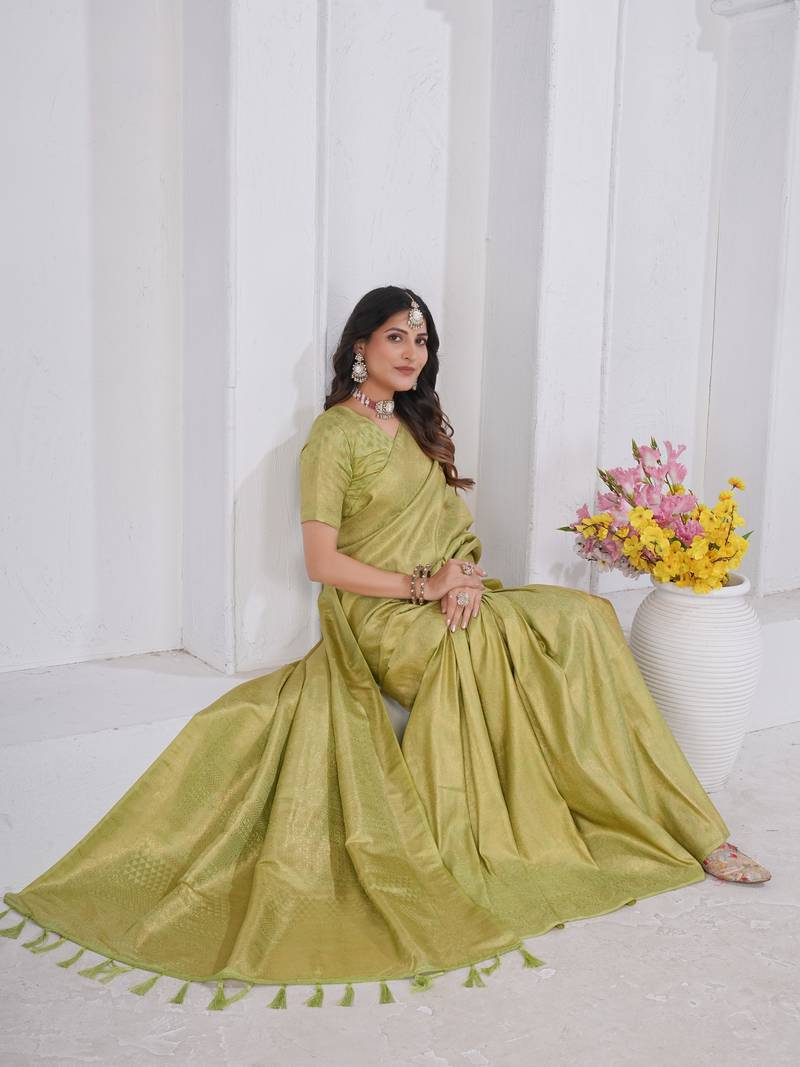 Pista Green Pure Kanjeevaram Silk Blend Rose Floral Woven Zari Design Saree With Stitched Blouse