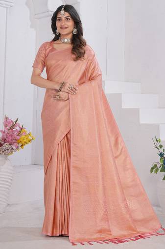 Peach Pure Kanjeevaram Silk Blend Rose Floral Woven Zari Design Saree With Stitched Blouse  