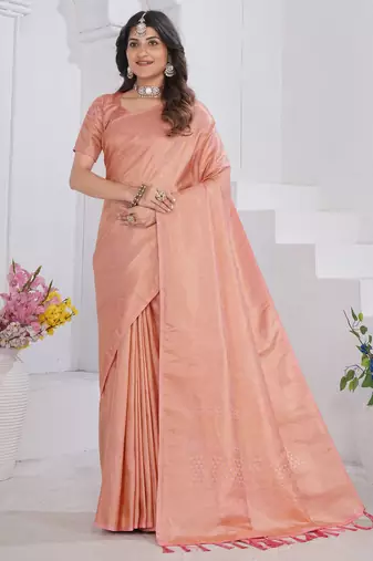 Peach Pure Kanjeevaram Silk Blend Rose Floral Woven Zari Design Saree With Stitched Blouse  
