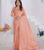Peach Pure Kanjeevaram Silk Blend Rose Floral Woven Zari Design Saree With Stitched Blouse  
