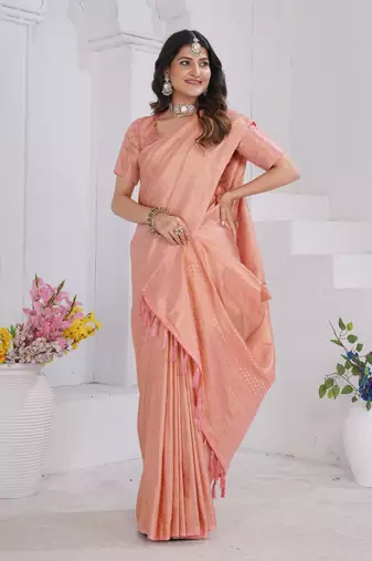 Peach Pure Kanjeevaram Silk Blend Rose Floral Woven Zari Design Saree With Stitched Blouse  