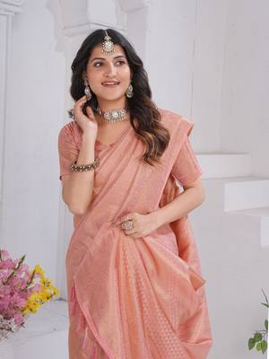 Peach Pure Kanjeevaram Silk Blend Rose Floral Woven Zari Design Saree With Stitched Blouse   3