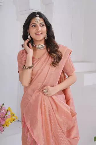 Peach Pure Kanjeevaram Silk Blend Rose Floral Woven Zari Design Saree With Stitched Blouse  
