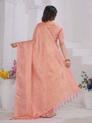 Peach Pure Kanjeevaram Silk Blend Rose Floral Woven Zari Design Saree With Stitched Blouse   4