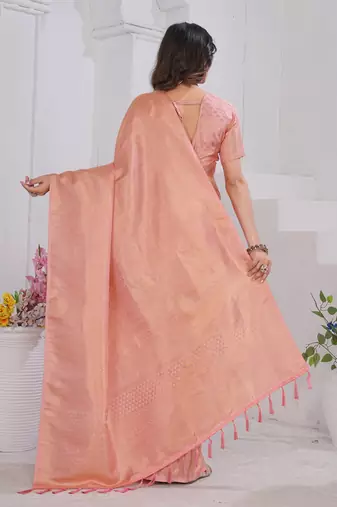 Peach Pure Kanjeevaram Silk Blend Rose Floral Woven Zari Design Saree With Stitched Blouse  