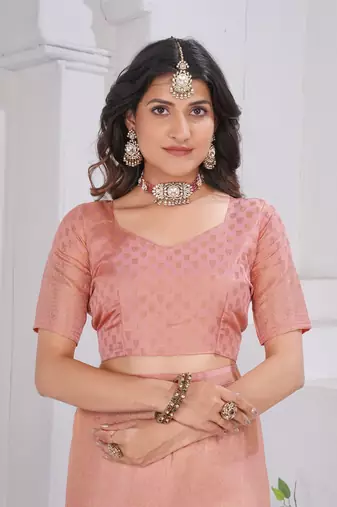Peach Pure Kanjeevaram Silk Blend Rose Floral Woven Zari Design Saree With Stitched Blouse  