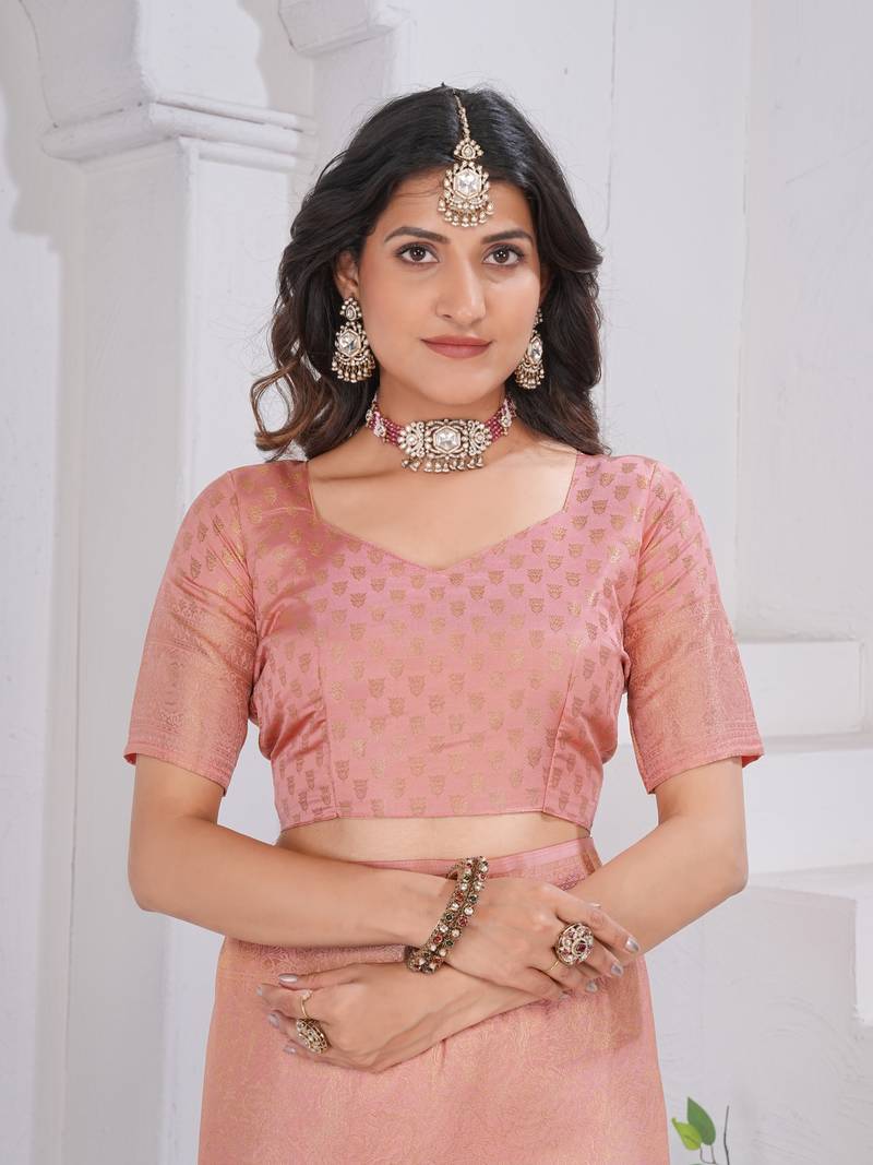 Peach Pure Kanjeevaram Silk Blend Rose Floral Woven Zari Design Saree With Stitched Blouse  