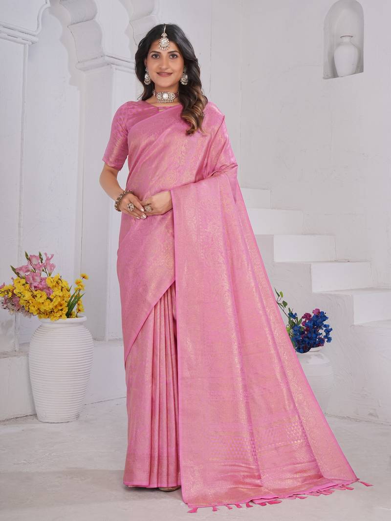 Baby Pink Pure Kanjeevaram Silk Blend Rose Floral Woven Zari Design Saree With Stitched Blouse  