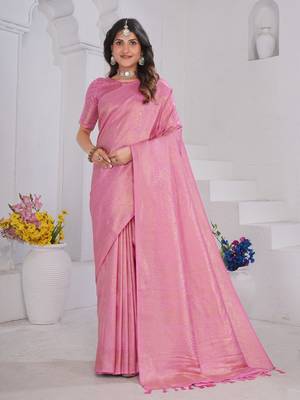 Baby Pink Pure Kanjeevaram Silk Blend Rose Floral Woven Zari Design Saree With Stitched Blouse   1