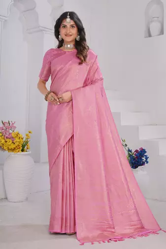 Baby Pink Pure Kanjeevaram Silk Blend Rose Floral Woven Zari Design Saree With Stitched Blouse  
