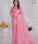 Baby Pink Pure Kanjeevaram Silk Blend Rose Floral Woven Zari Design Saree With Stitched Blouse  