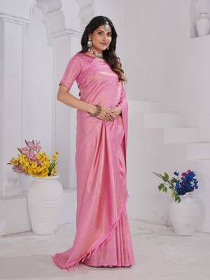 Baby Pink Pure Kanjeevaram Silk Blend Rose Floral Woven Zari Design Saree With Stitched Blouse   2