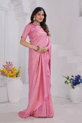 Baby Pink Pure Kanjeevaram Silk Blend Rose Floral Woven Zari Design Saree With Stitched Blouse  