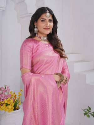 Baby Pink Pure Kanjeevaram Silk Blend Rose Floral Woven Zari Design Saree With Stitched Blouse   3