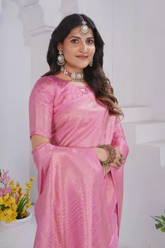 Baby Pink Pure Kanjeevaram Silk Blend Rose Floral Woven Zari Design Saree With Stitched Blouse  