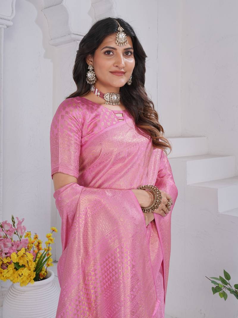 Baby Pink Pure Kanjeevaram Silk Blend Rose Floral Woven Zari Design Saree With Stitched Blouse  