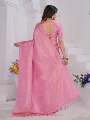 Baby Pink Pure Kanjeevaram Silk Blend Rose Floral Woven Zari Design Saree With Stitched Blouse   4