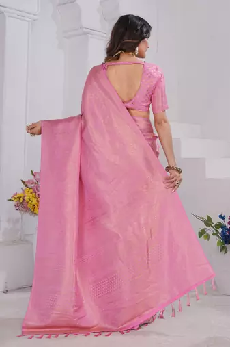 Baby Pink Pure Kanjeevaram Silk Blend Rose Floral Woven Zari Design Saree With Stitched Blouse  