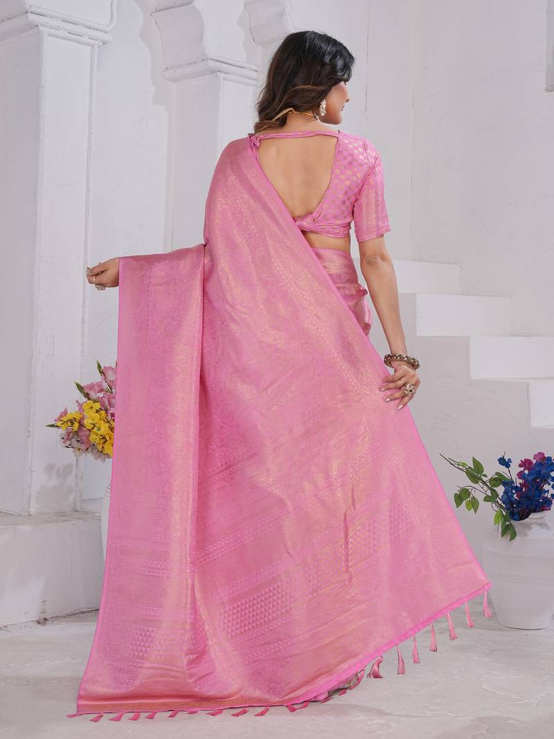 Baby Pink Pure Kanjeevaram Silk Blend Rose Floral Woven Zari Design Saree With Stitched Blouse  