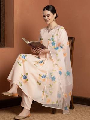 Women Floral Embroidered Regular Mirror Work Pure Cotton Kurta with Trousers & With Dupatta 1